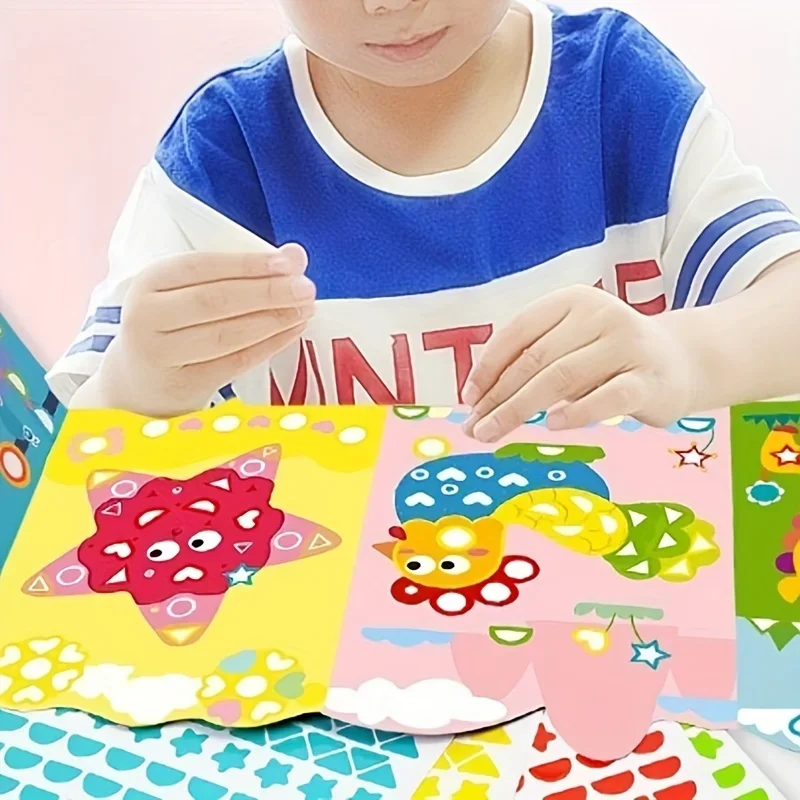 1Set anak-anak kartun hewan Diy stiker Set - 3-6 tahun pendidikan geometris kerajinan Kit, kreatif menyenangkan TK seni perlengkapan