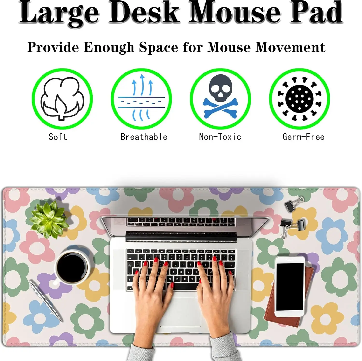 Colorful Groovy Flowers Jumbo Desk Mat – Extra Large Non-Slip Mouse Pad for Women, Perfect for Gaming and Office