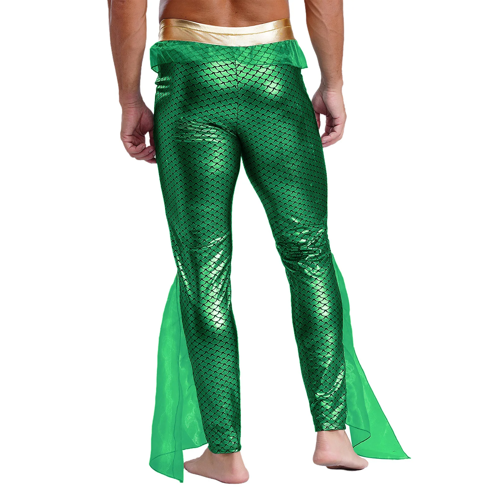 Mannen Zeemeermin Broek Halloween Poseidon Koning Van De Zee Cosplay Fancy Dress Kostuum Metallic Glanzende Fishscale Print Mesh Legging