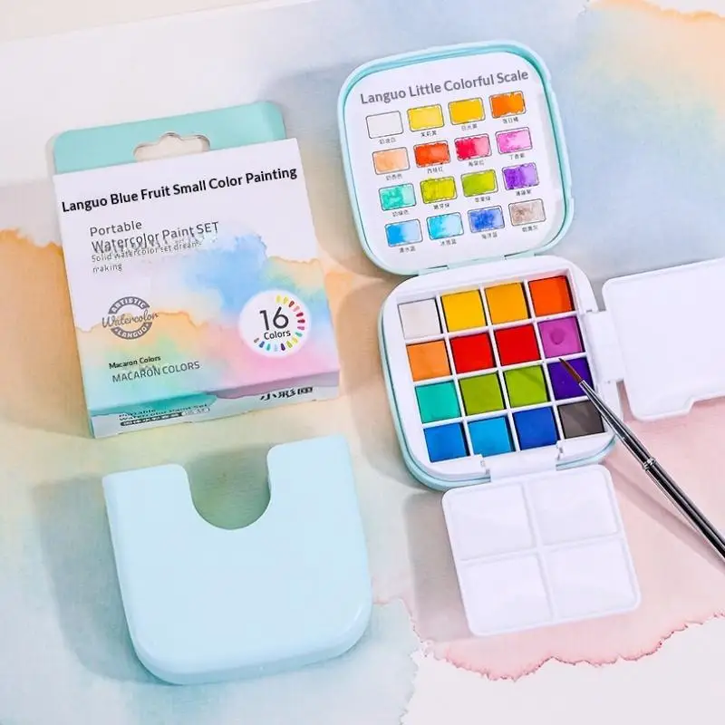 

1 комплект, коробка для рисования эскизов, 16 цветов, мини-набор однотонных акварельных красок с кистью и палитрой для художественного рисования, эскизов
