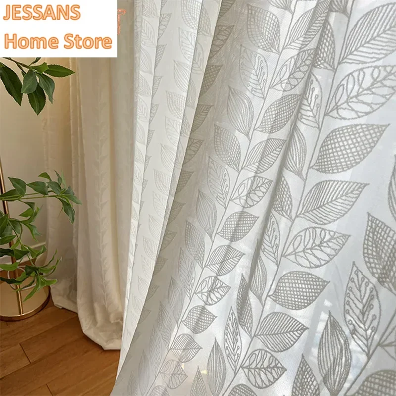 French Cream Style Leaf Three-dimensional Relief Living Room Window Screen New Light-transmitting and Opaque Tulle Curtain