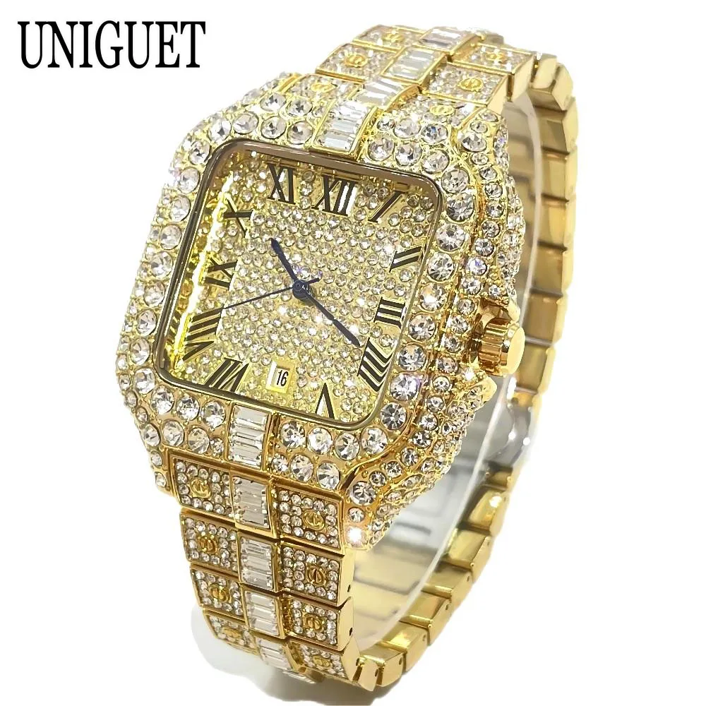 Uniguet moda relógio para homem de luxo rosa quadrado gelado relógio de quartzo homem hip hop cheio diamante jóias relógio de pulso reloj hombreu