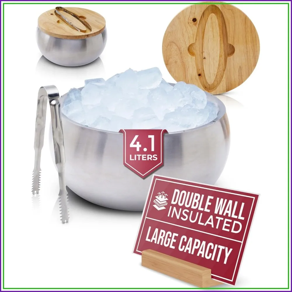 

4.1L Double Wall Stainless Steel Ice Bucket with Lid & Tongs, BPA Free, Keeps Drinks Cold for Parties