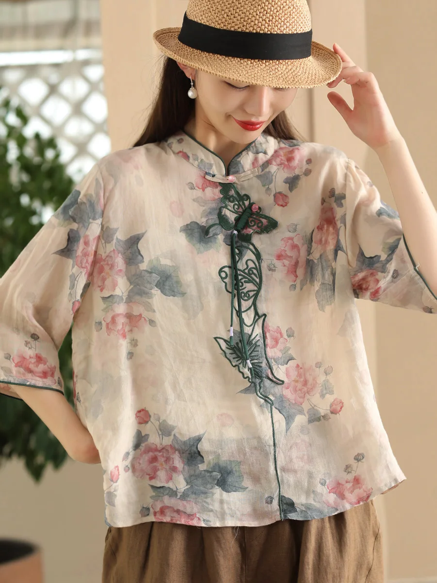 

Heavy Embroidery 3D Embroidery Flax irt Handmade Button Print Stand Collar Thin Top Commute Sle Loose Fit
