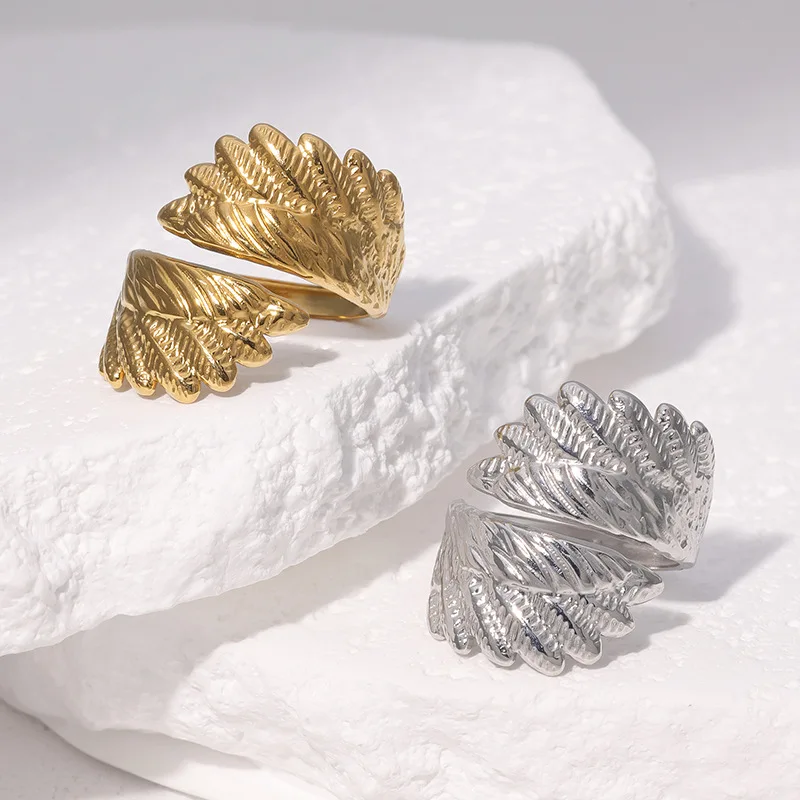 Exquisite Feather Pattern Ring Woman Egyptian Jewelry Stainless Steel Does Not Fade Stackable Opening Leaf Rings Подаро