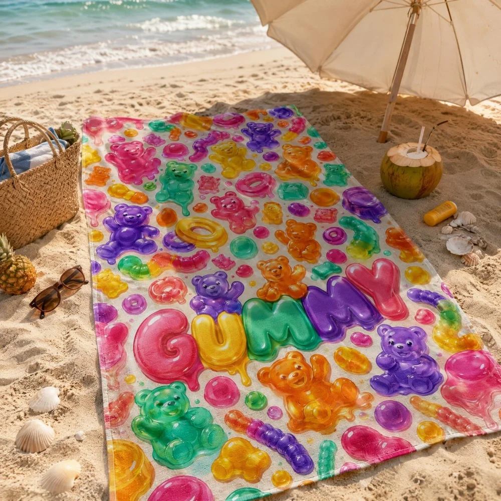 Kawaii Gummy Bear Beach Towel Quick Dry Microfiber Colorful Jelly Candy Print Summer Swimming Pool Towel