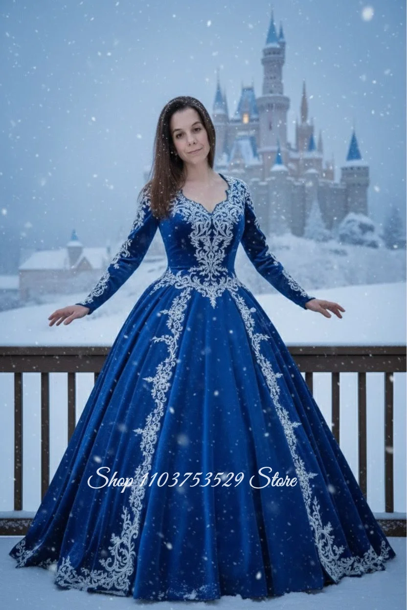 Customised Sapphire Blue Vintage Victorian Ball Gown Long Sleeved Embroidered Corset Special Occasion Evening Gown Duchess Dress