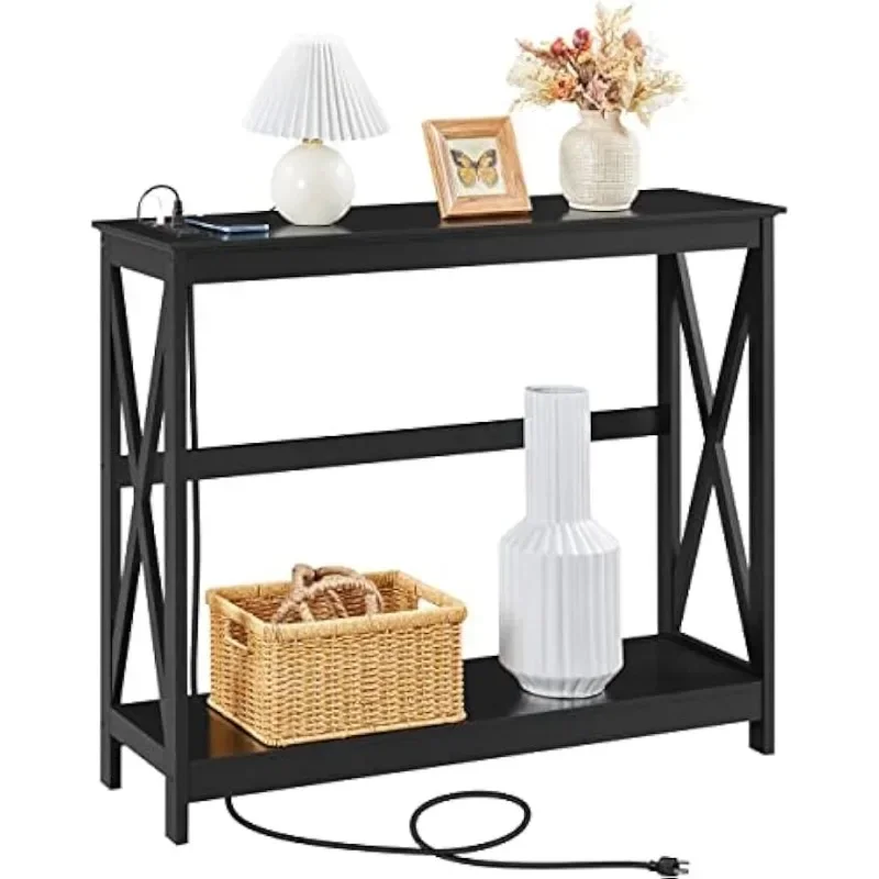 

40 Inch Console Desk with Power Socket and USB Port Wooden Entrance Desk with Charging Station and Storage Rack