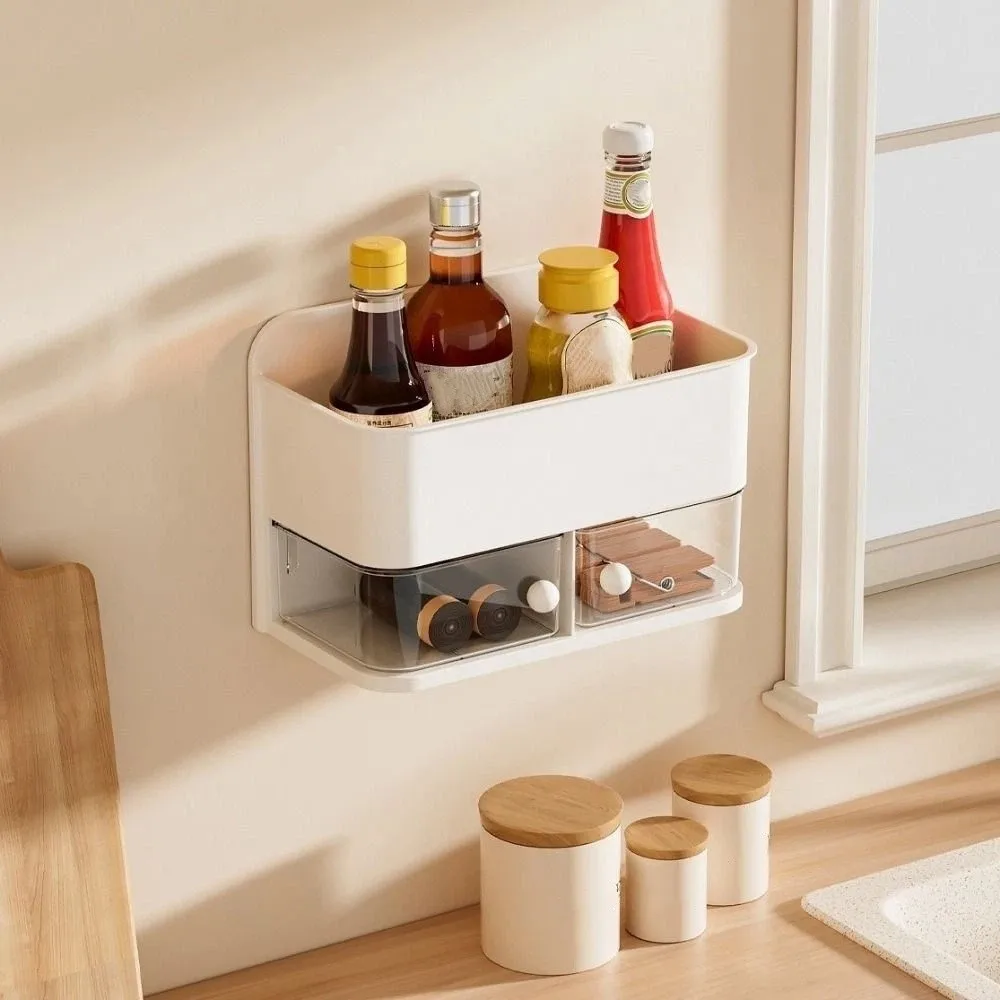 

Plastic Rotatable Wall Mounted Storage Box Large Capacity Space Saving Condiment Storage Box with Drawers Bathroom Storage Rack