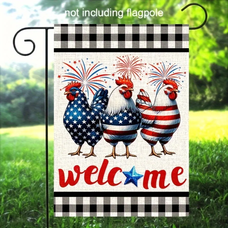 

Patriotic American Chicken Rooster Garden Flag 2D Flat Single Sided Red White Blue Independence Day Outdoor Yard Decor