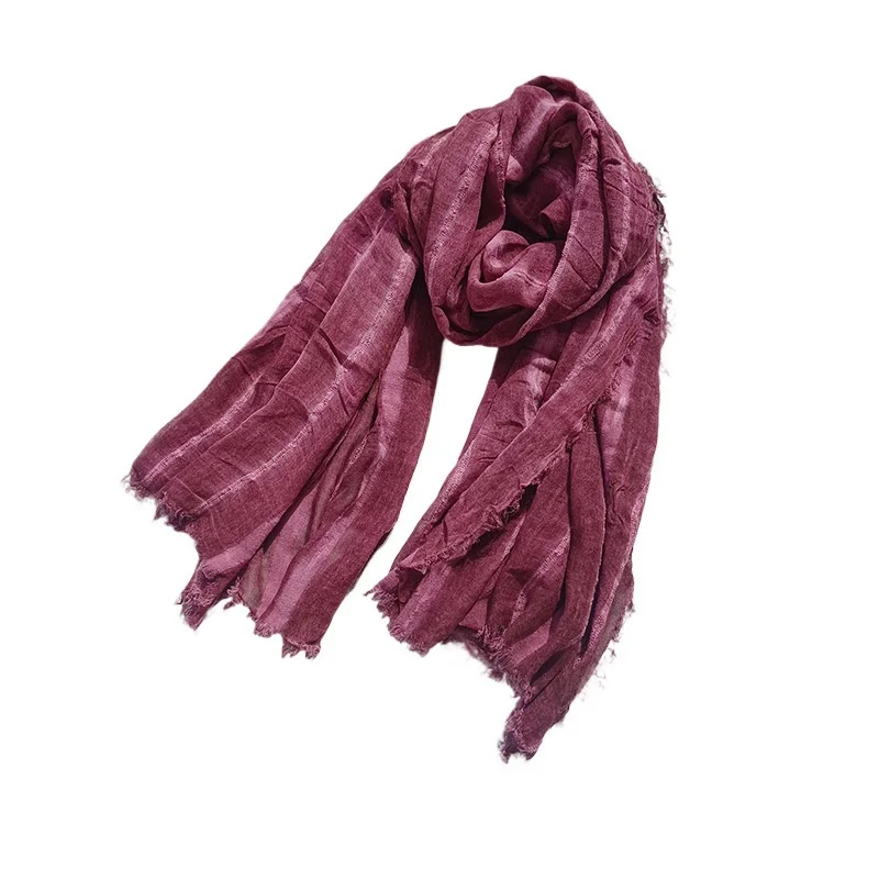 Bufanda de lino y algodón Retro Sle para mujer, diseño de rayas arrugadas, punzón versátil coreano japonés, accesorio cálido para invierno