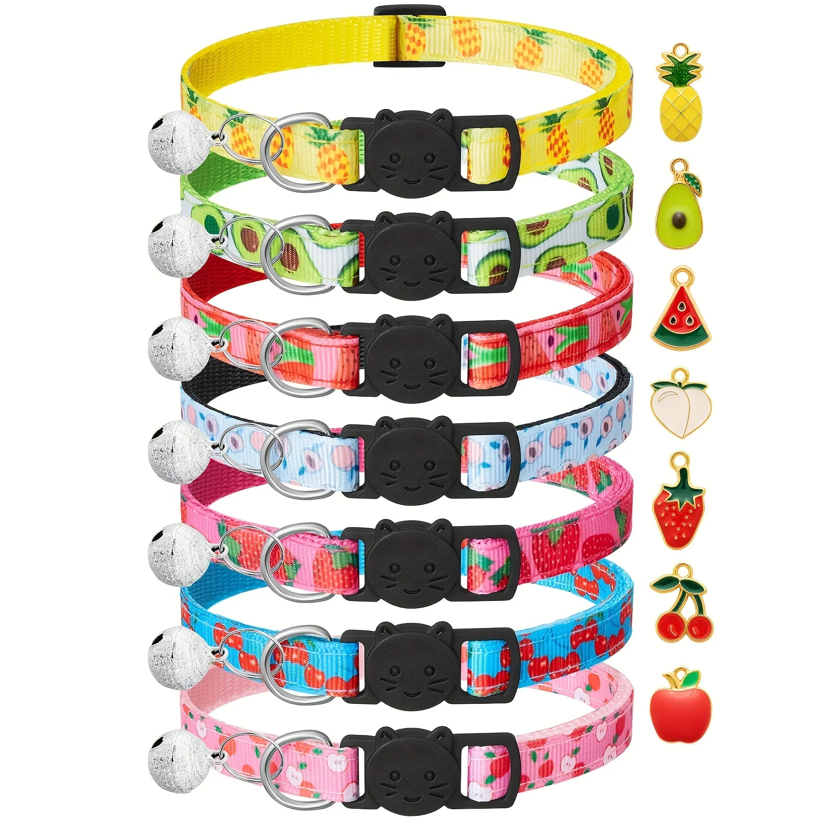 Fruit Pattern Cat Collars 7 Pack Cat Collars Fruit Pattern, Breakaway Buckle, Safety Reflective Kitten Collar with Bell & Charm