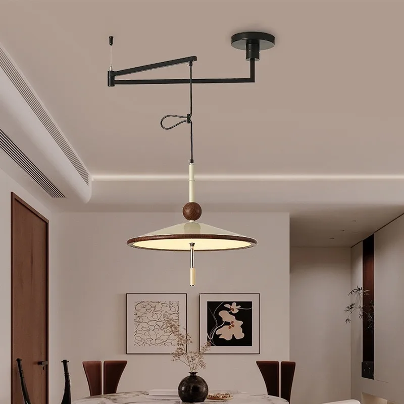 

Medieval Wind Chime Pendant, French Wood Style Swing Arm Restaurant Light, Wabi Sabi Style Zen Tea Room Bedroom Light
