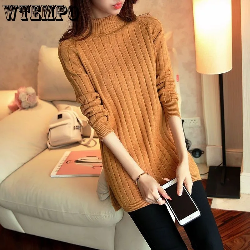 WTEMPO Turtleneck Sweater Women\'s Mid Long Knitted Bottoming Shirt Loose Pullover Knitted Tops Long Sleeve Casual Sweater