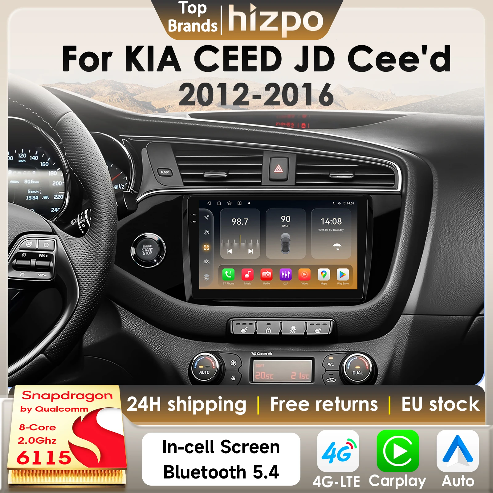 Hizpo 8G 128G 2Din Android 14 Autoradio Für KIA CEED JD Cee'd 2012-2016 Auto Multimedia GPS 4G Carplay 360Cam Von Snapdragon 6115