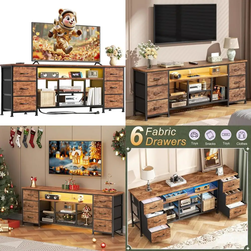 65-70 Inch LED TV Stand, 63 Entertainment Center with Power Outlets, 6-Drawer Media Console in Rustic Brown