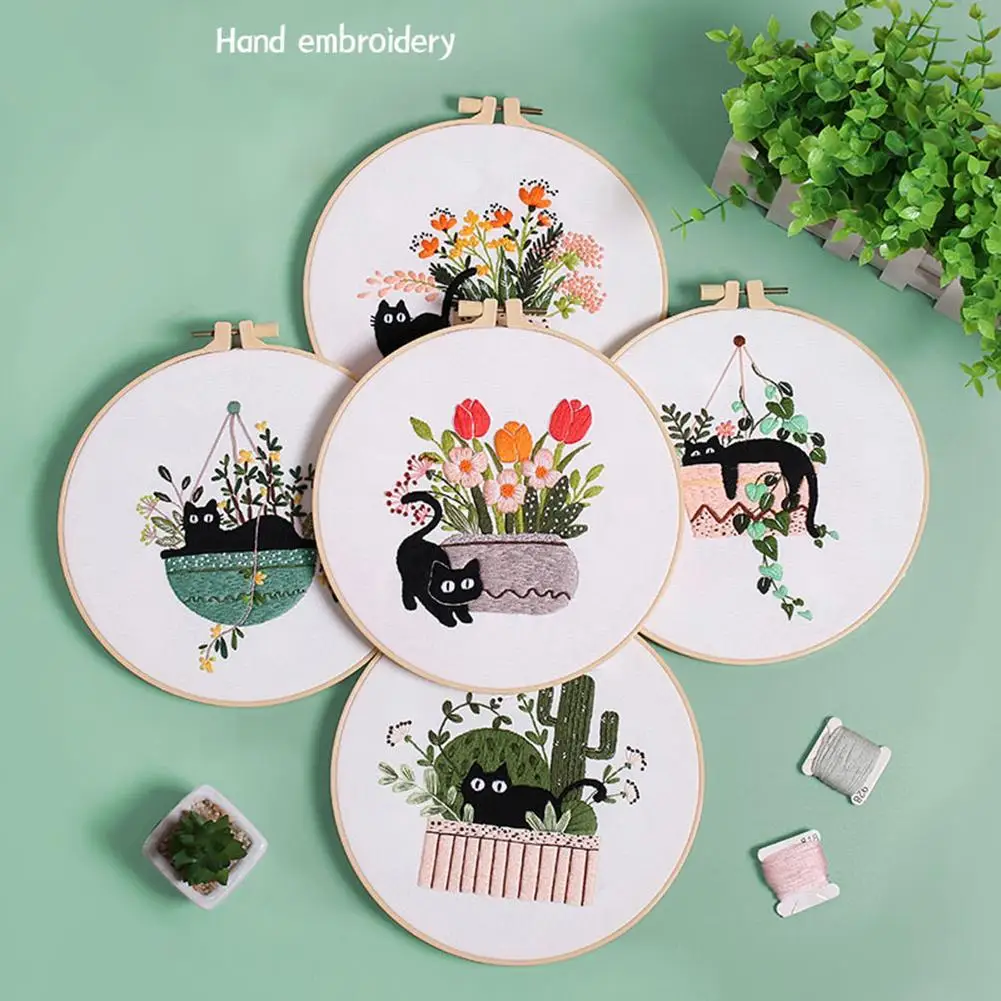 Embroidery Starter Kit Cute Cat Design DIY Cross Stitch Kits With Embroidery Hoops Perfect For Cat Lovers