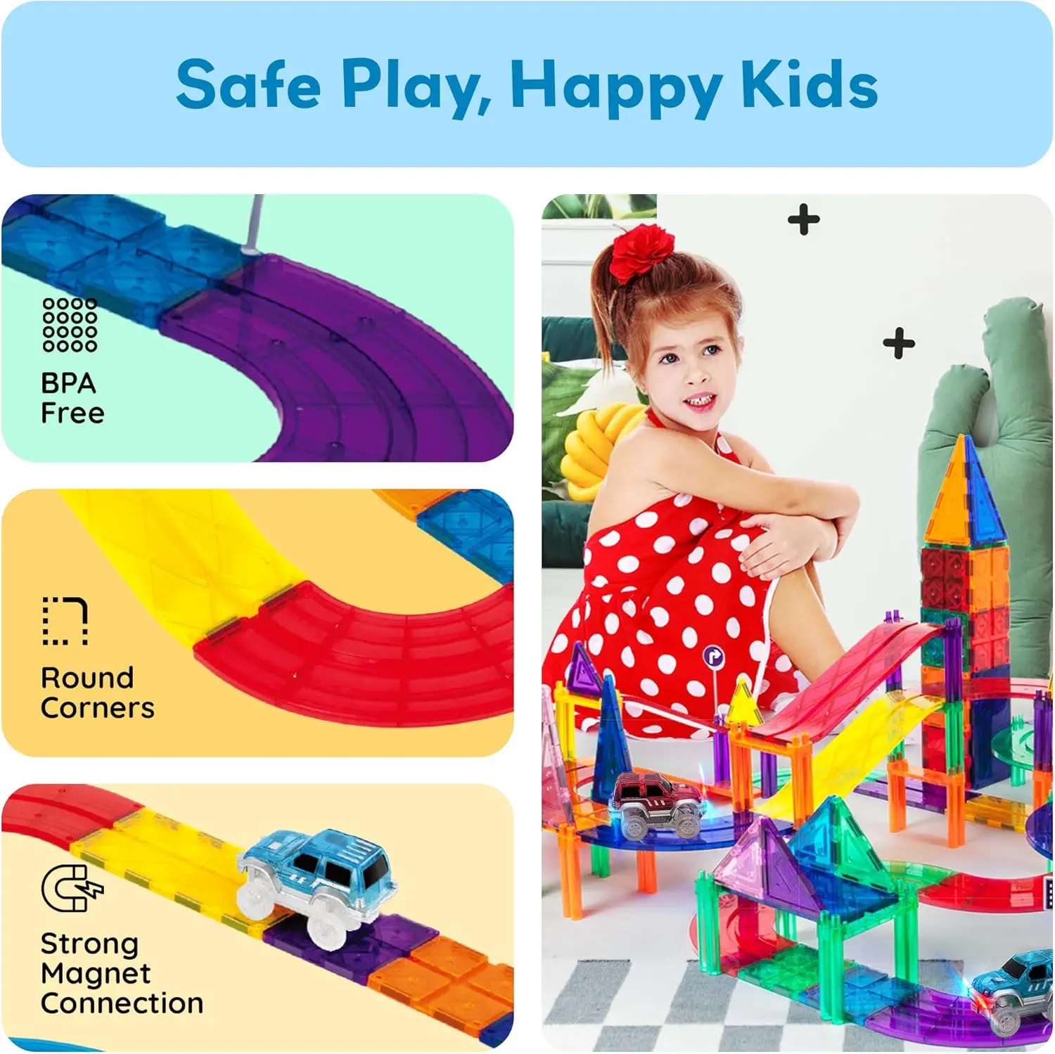 50 szt. Magnetyczne Płytki Toru Wyścigowego Zabawka Edukacyjna dla Dzieci z 2 Świecącymi Ciężarówkami STEM Przedszkolne Nauka Magnetyczne Płytki Zabawki dla Maluchów B