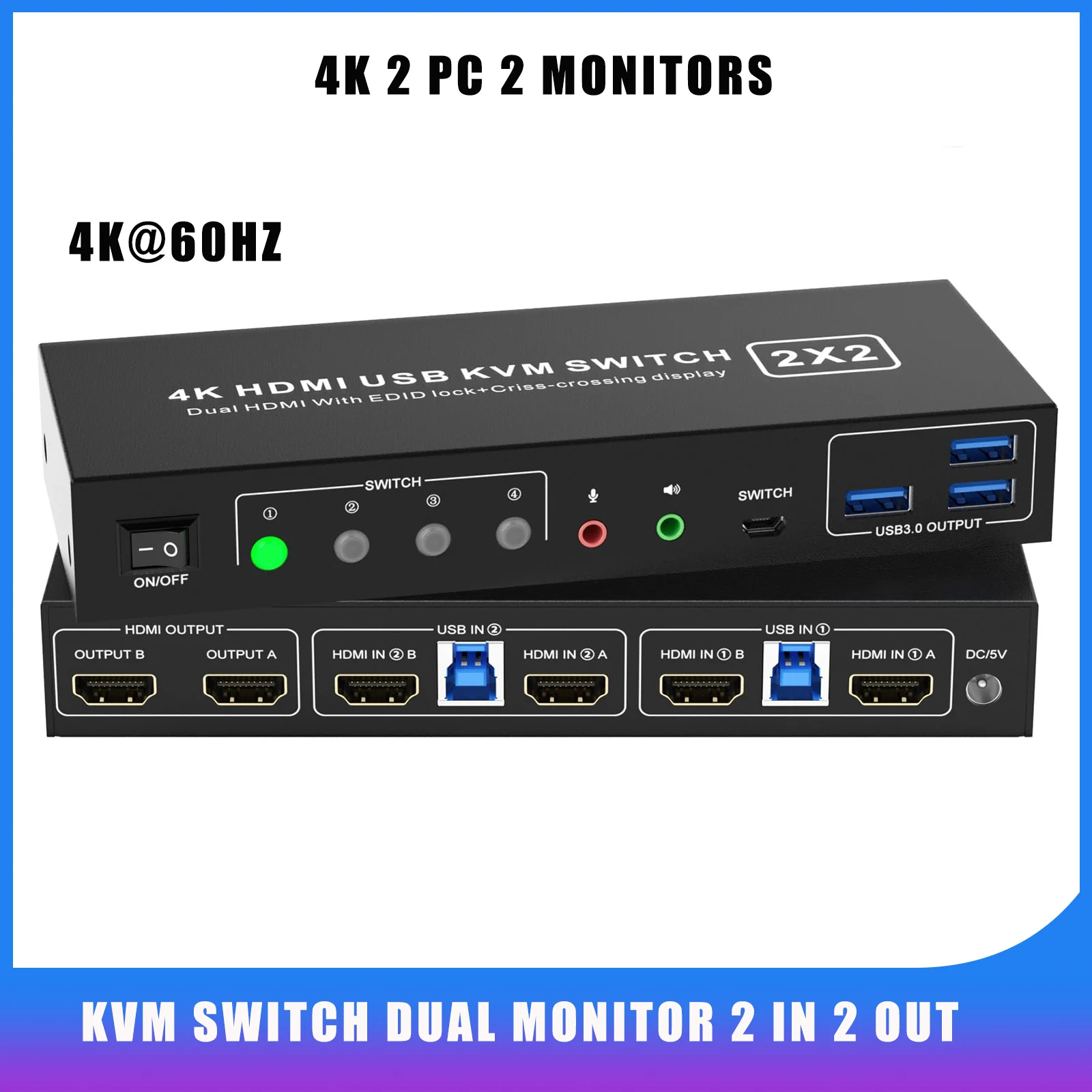 

4K@60Hz Dual Monitor KVM Switch HDMI 2 Port EDID Emulator, KVM Switcher for 2 Computers 2 Monitors with Audio Output