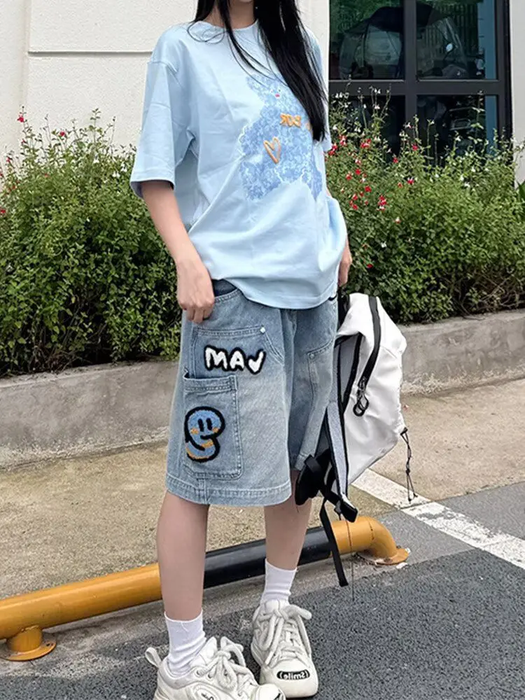 Summer Women's Cute Pattern Embroidered Denim Shorts Knee Length Trousers Female Young Girls Mini Streetwear High Waist Pants