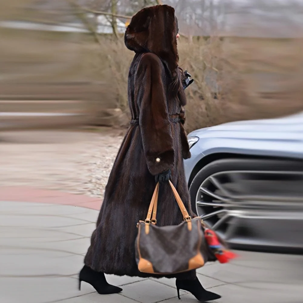 Women's Dark Brown Faux Mink Fur Hooded Coat 2025 Winter Long Length Belted Warm Luxury Jacket for Daily Party Streetwear - view 2
