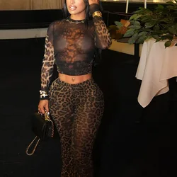 DSMTRC Autumn Matching Outfits For Woman Long Sleeve Leopard Print Crop Top+Trousers Two Piece Clubwear Y2k Female Skinny Suits