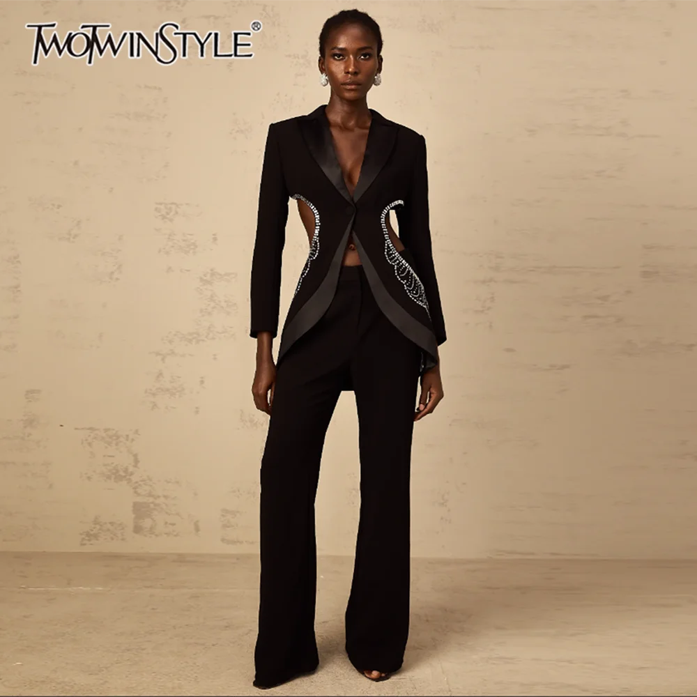 

TWOTWINSTYLE Slimming Two Piece Sets for Women Lapel Long Sleeves Hollow Out Spliced Hot Fix Top High Waist Pant Set Female New
