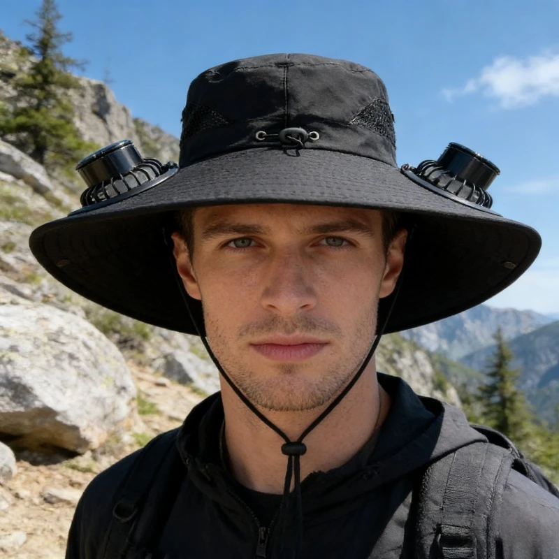 Solar Cooling Hat with 2 Fans Wide Brim Fisherman Bucket Hat Rechargeable Sun Protection Cap for Outdoor Summer Activities