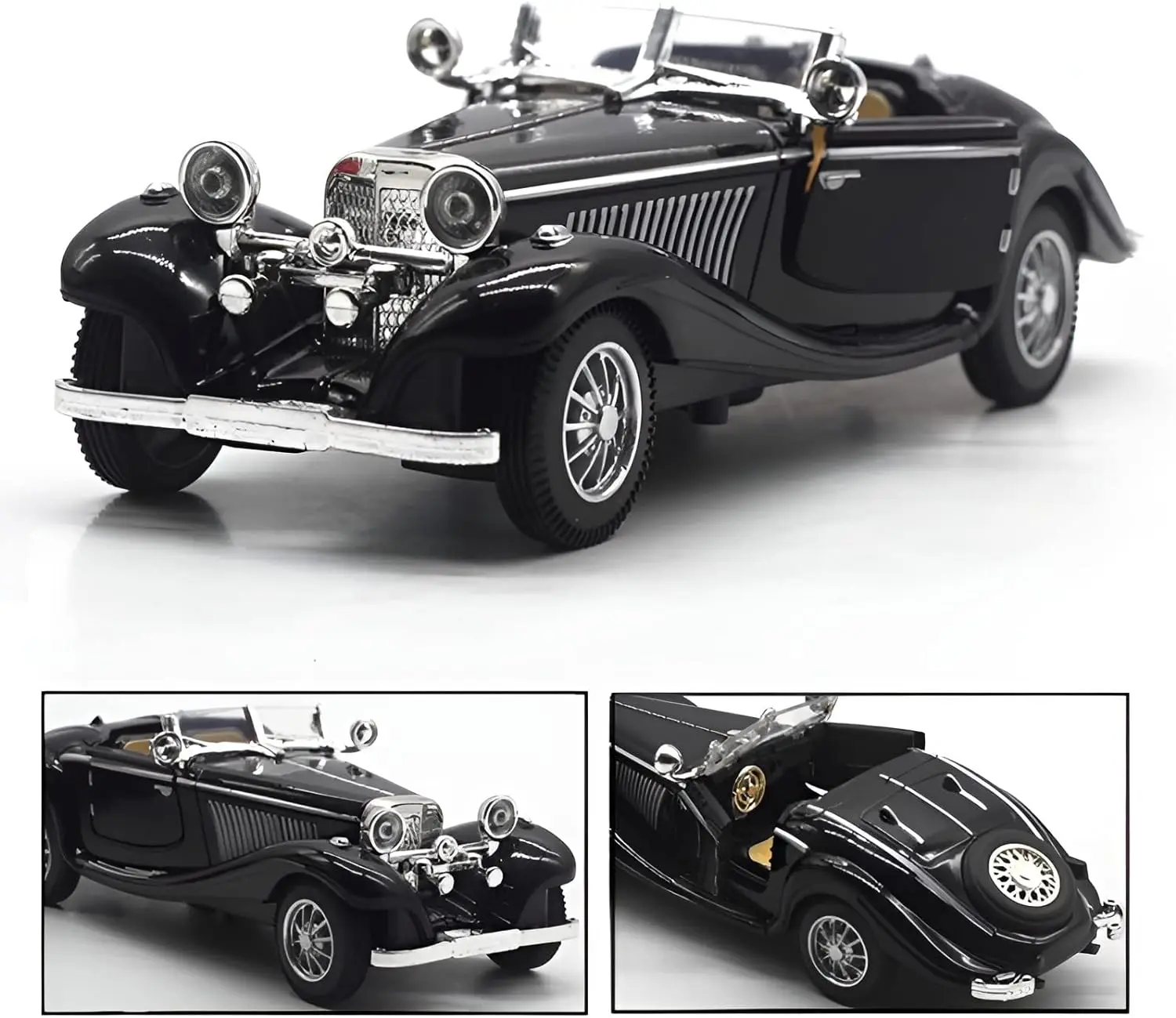 1:28 Scale Die-Cast Metal Retro Classic Model Car Collectible Toy Gift (Black, Length 6.5 inches/16.8 cm)