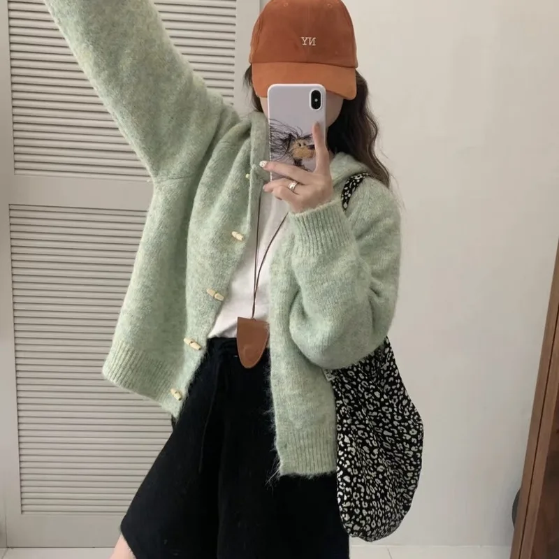 Women\'s Clothing New 2024 Autumn Mint Green Button Hooded Knit Cardigan Jacket Sweet Age-defying Sweater Top Women