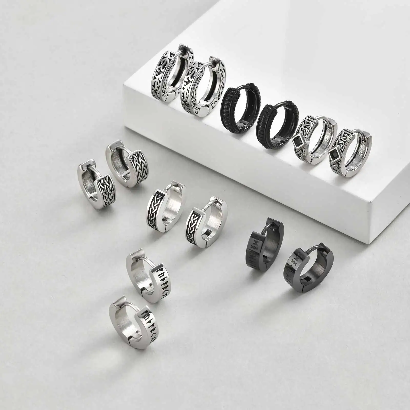 Retrol Nordische Wikinger-Runen Creolen für Männer, Klassische Keltische Knoten Edelstahl Huggie-Ohrringe, Punk Coole Schmuck-Geschenke – Detail 5