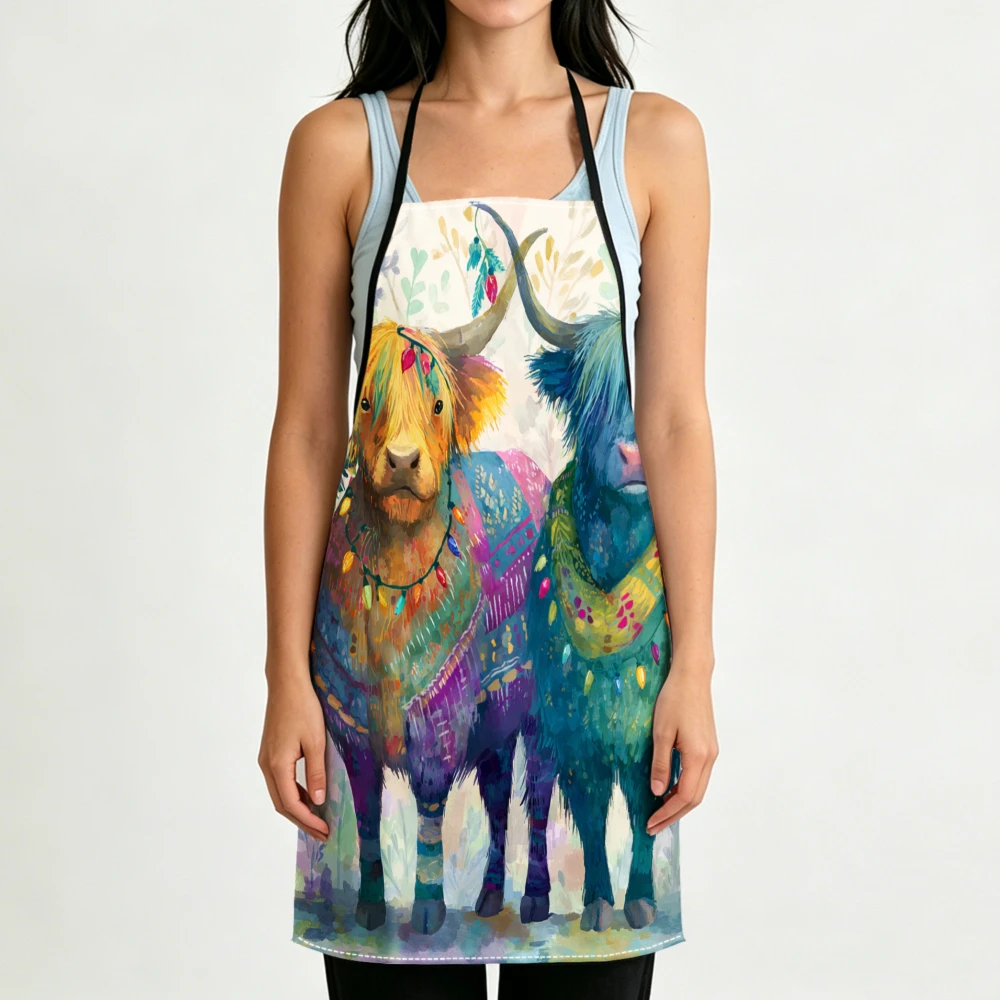Artistic Watercolor Style Apron Colorful Highland Cattle Print Kitchen Aprons Cooking Baking Protection Adjustable Bibs