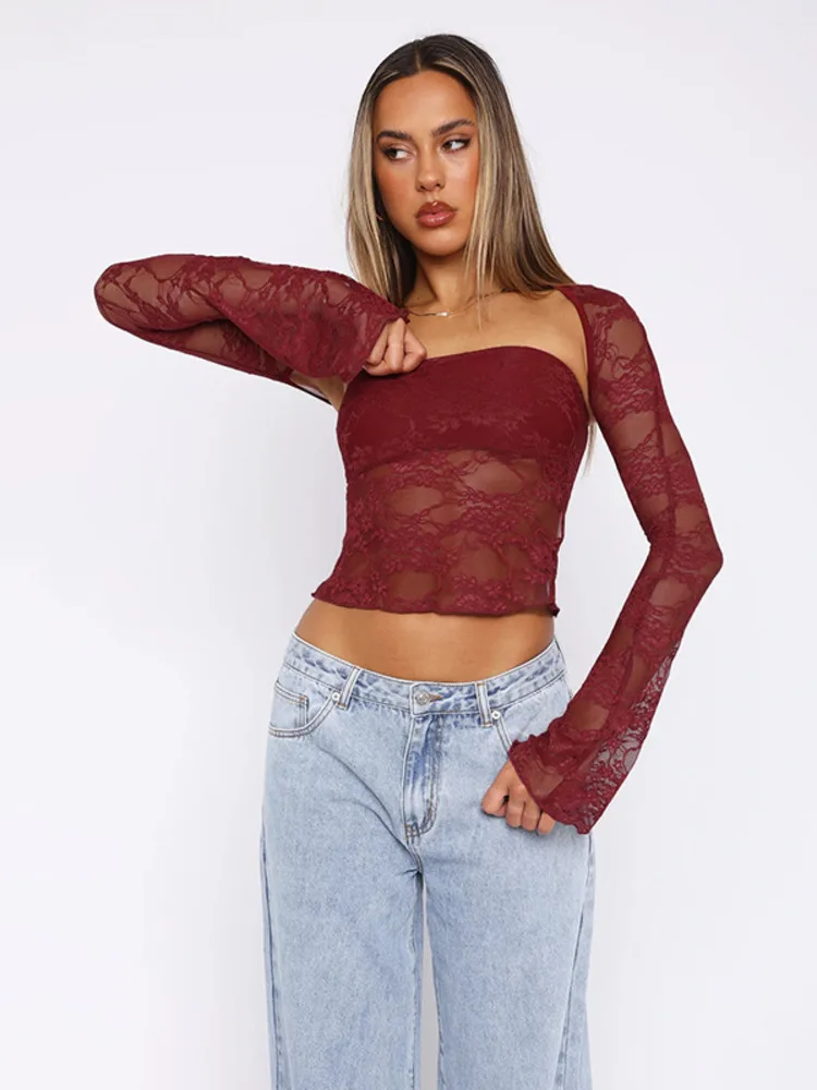 Mozision Black Lace Print Sexy T-shirt Women Autumn New Fashion Strapless Long Sleeve Crop Tops Slim Sexy Club Party T-shirts