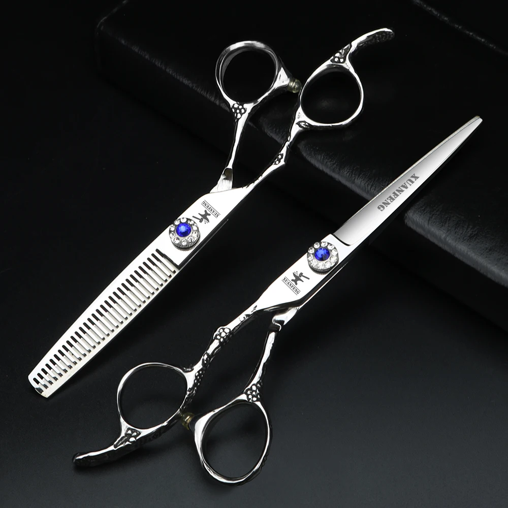 XUANFENG 6 inch left hand plum blossom handle hair scissors 440C steel barber cutting scissors and thinning scissors