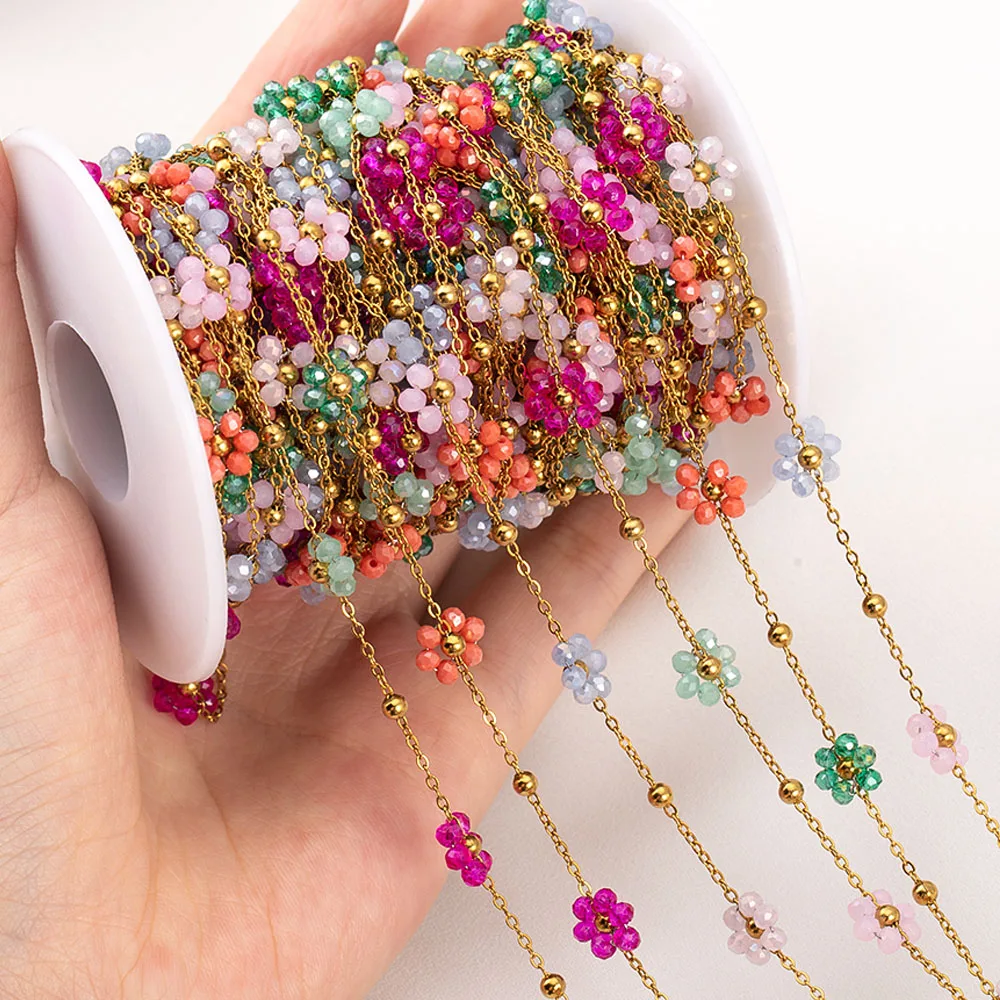 1 Meters Stainless Steel Colored Crystal Small Flower Beaded Chain for DIY Necklace Bracelet Jewelry Making Supplies