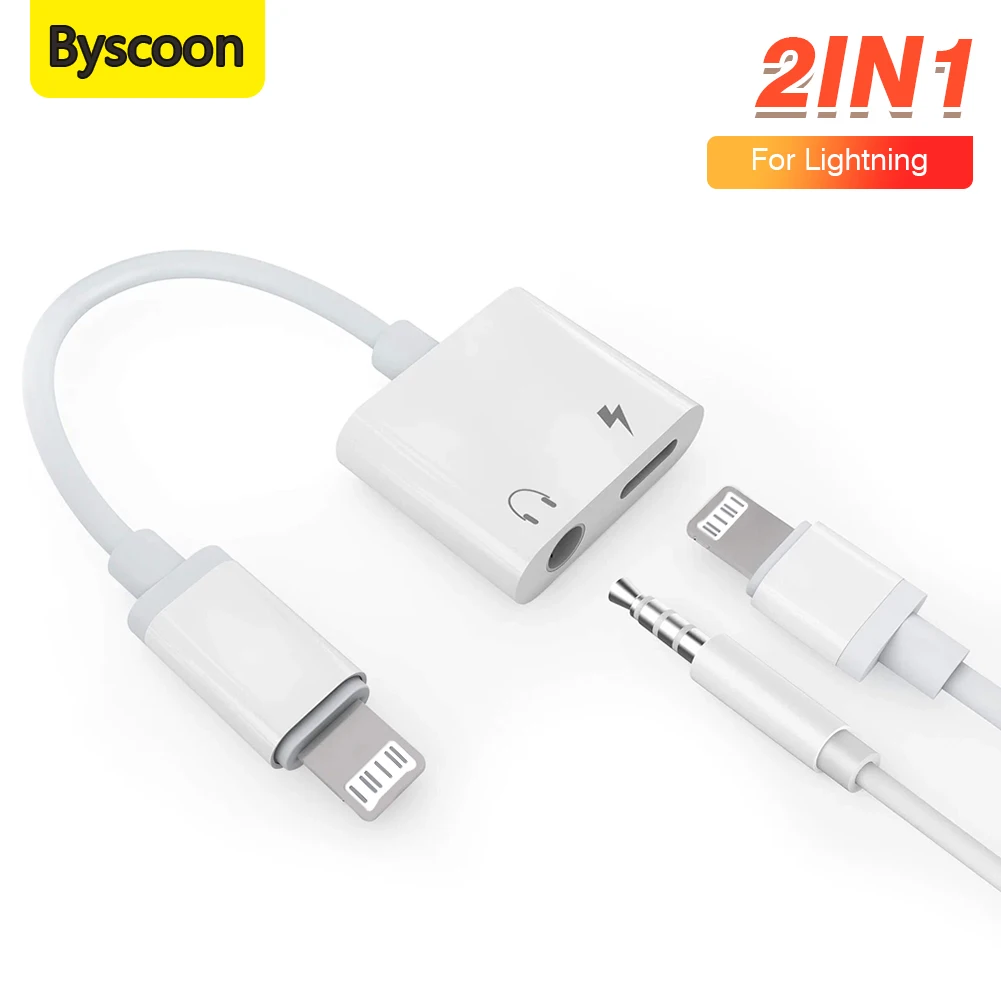 Byscoon 2 IN 1 earphones Jack Charger Adapter AUX Cable For iPhone 14 13 12 11 Pro XS Max XR 8 Puls Lighting To 3.5MM Connector