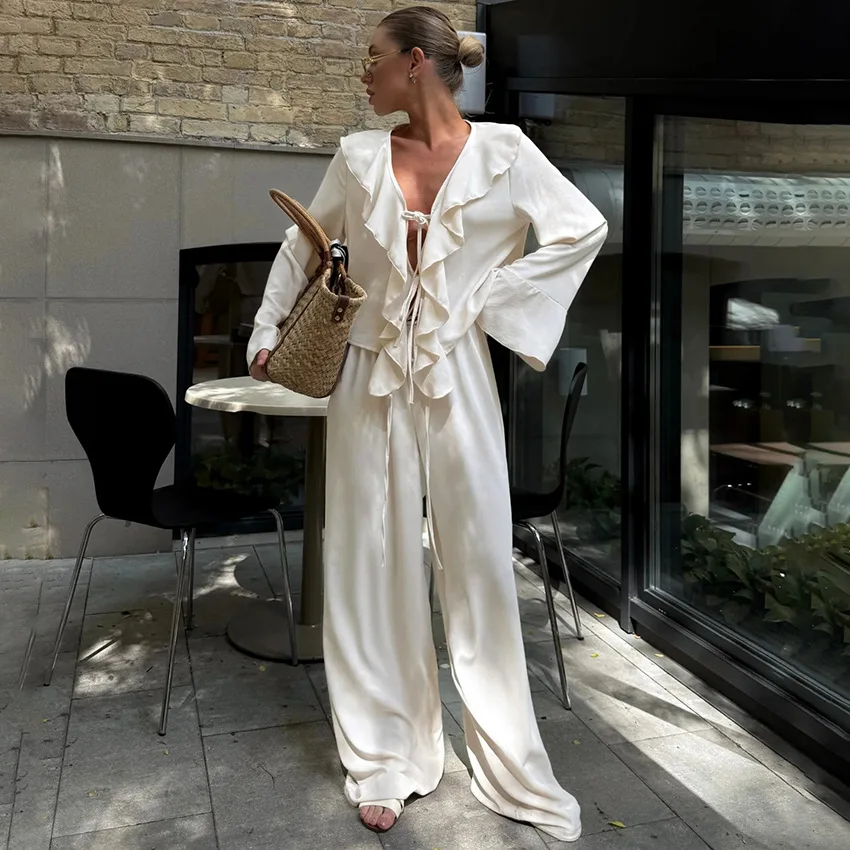 Bangniweigou V-neck draped ruffles flare sleeve shirt w/ high-waisted wide leg pants two-piece set apricot casual top and pants