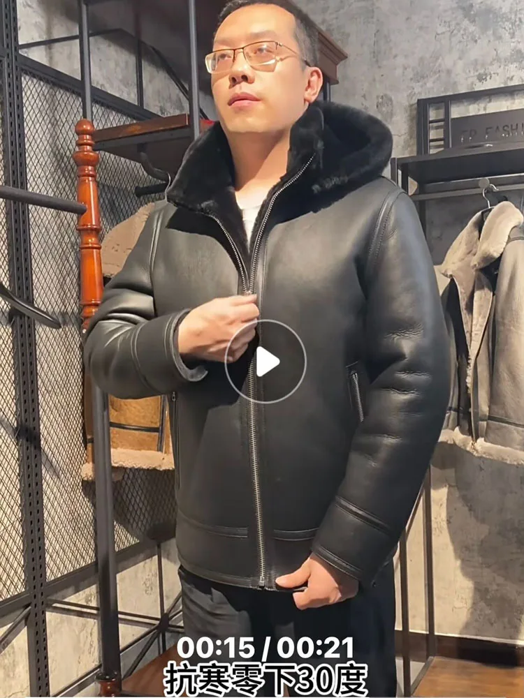 2024 New Fashion Men Genuine Leather Coat Natural Sheepskin Shearling Jacket for Male Black with a Hood EUR52 54 56 58 60 62 64