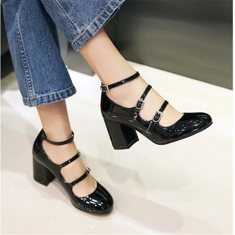 Patent Leather Women Pumps Shoes Lolita Mary Janes Shoes Fashion Vintages Ankle Strap Buckle Women Thick High Heel Shoes 34-43