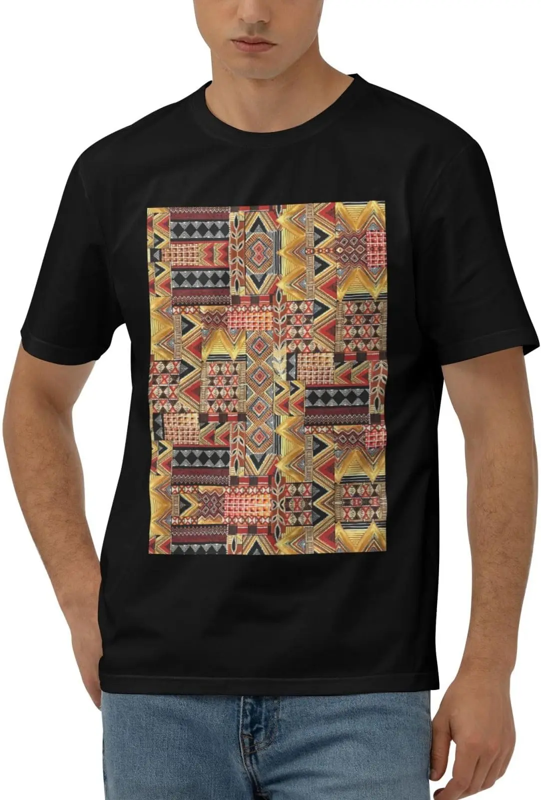 African Textile Patchwork Print Men'S T Shirt Tees High Quality 100%Cotton Short Sleeve