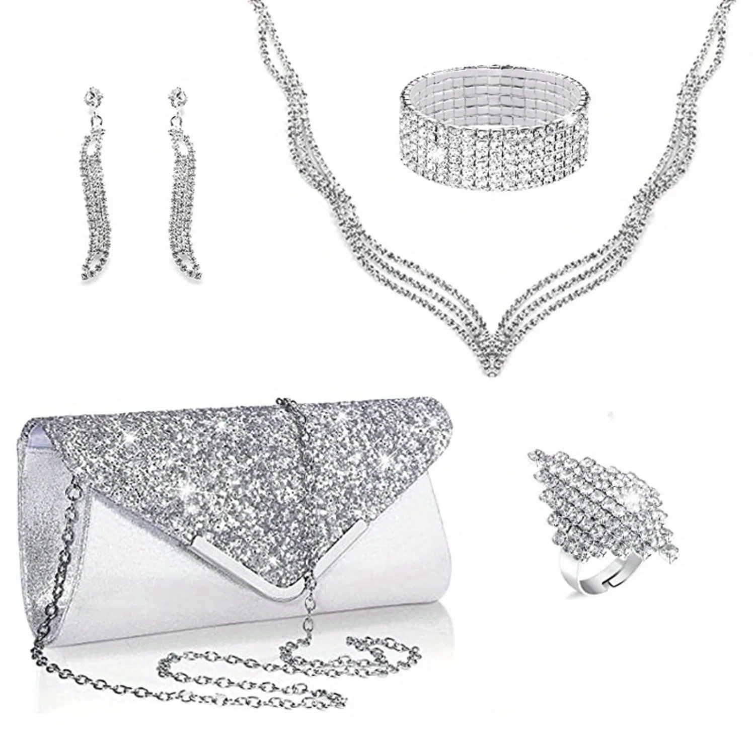 

5pcs Bridal Jewelry Set With Glitter PU Evening Clutch, Silver Necklace, Earrings, Bracelet And Ring, Elegant Wedding