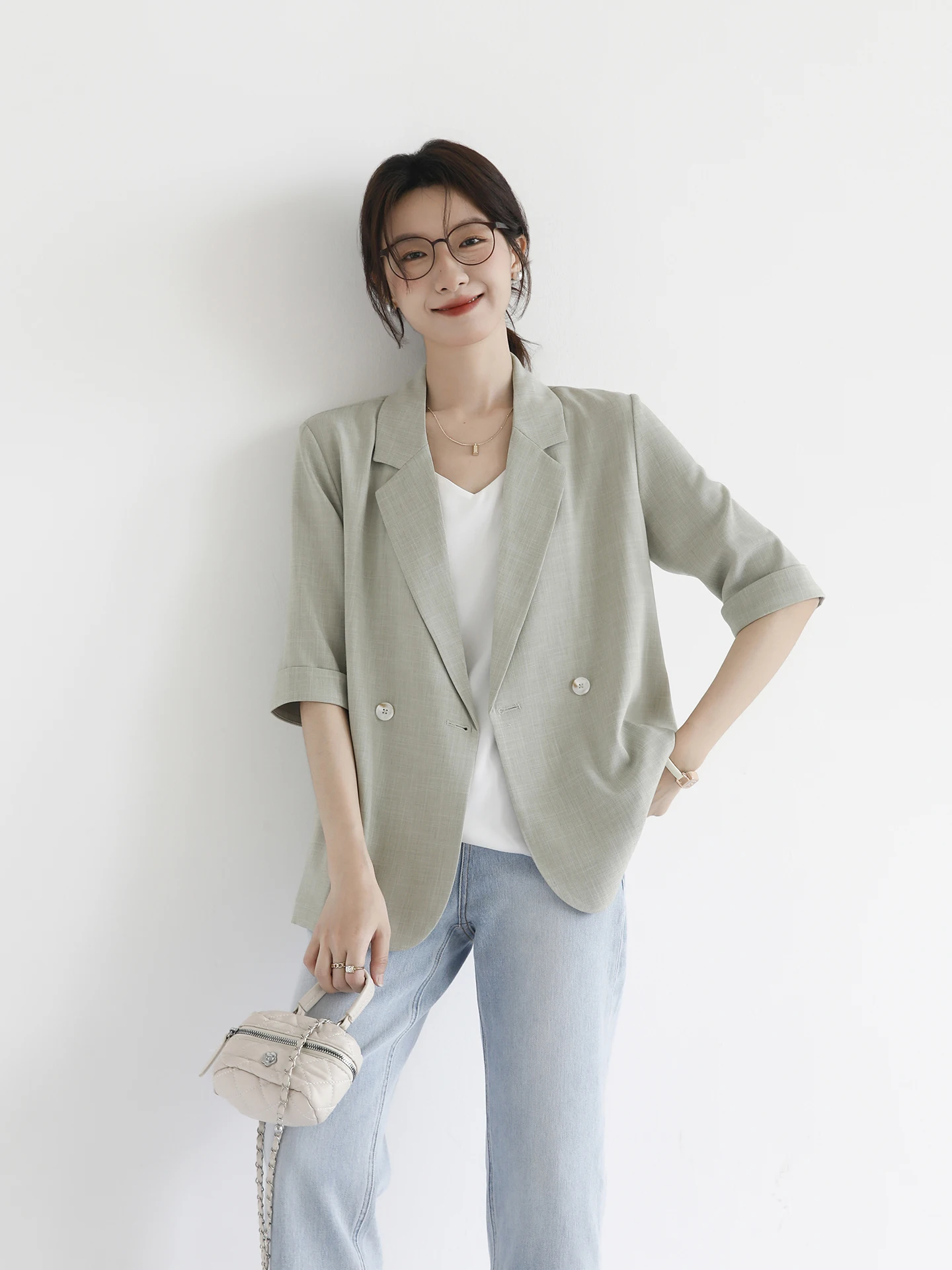 

Ruu Home Thin ort Sve Suit Jaet Women Summer New High-End Commuting Casual Small Size Polyester Fiber Straight Tube