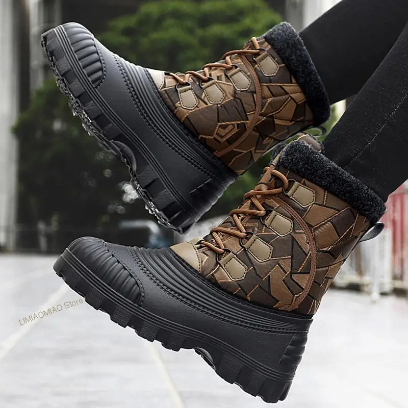 New Men Winter Boots Plush Fleece Durable Non-Slip Lace-Up Thick Sole Male Shoes Outdoor Warm Luxury Ankle Boots
