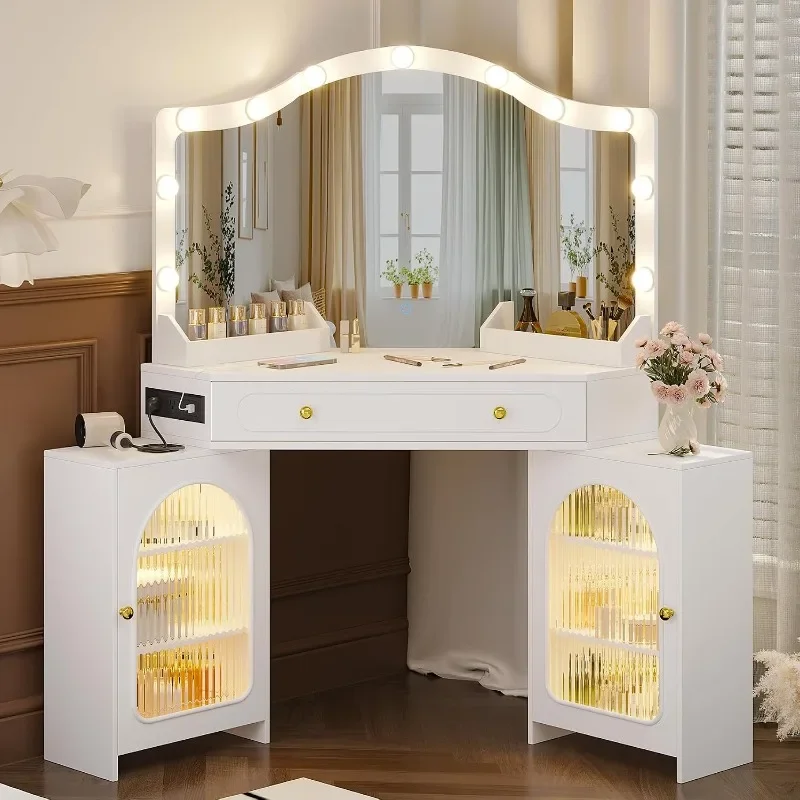 Corner Vanity Desk with Way Mirror & LED Lights, Makeup Table Set with Charging Station, Storage Drawers & Side Cabinets, Modern