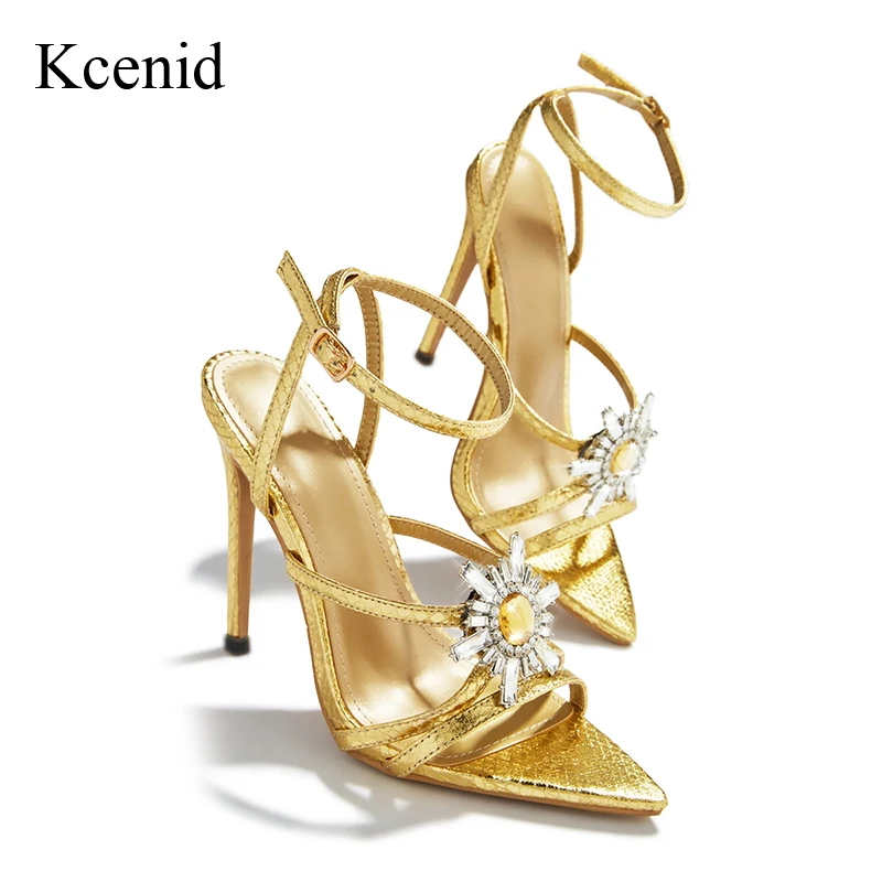 Kcenid Women Summer Fashion Crystal Rhinestone Narrow Band Sandals High Heel Sexy Pointed Toe Buckle Strap Wedding Banquet Shoes