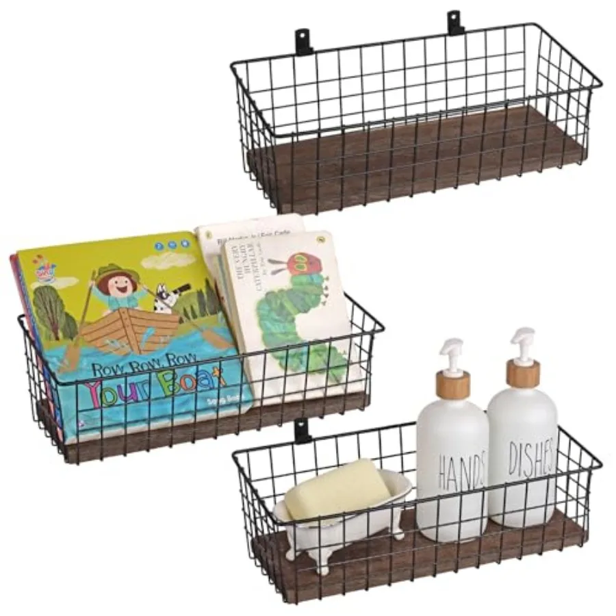 

Wall Hanging Baskets 3 Pack Diversified Wire Basket Shelves of Wooden Style with Wall Mounted Hooks and Traceless Stickers for