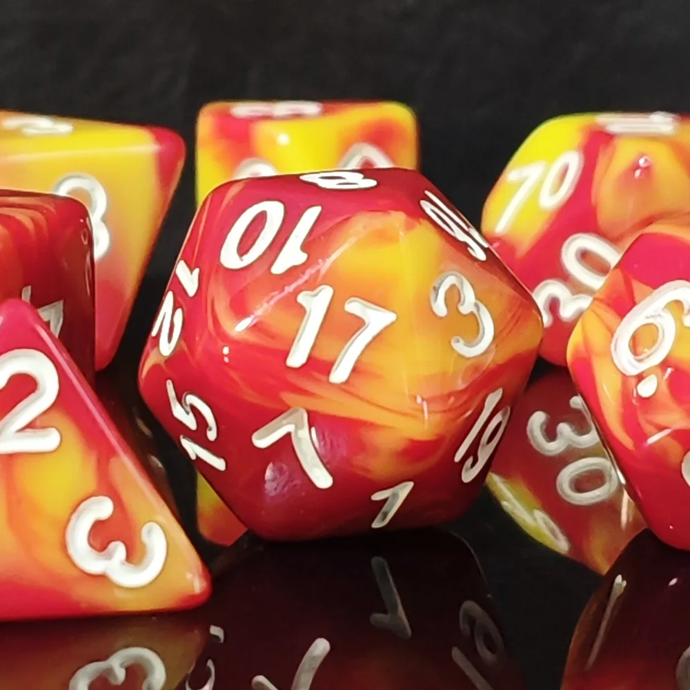 Fire Red Orange Marble Polyhedral Dice for Dungeons & Dragons, RPG,7Pcs Red Orange Swirl Polyhedral Dice Set with White Numbers