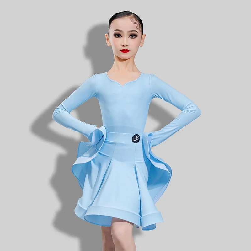 Vêtements de concours de danse latine professionnelle pour enfants, Costume fendu à manches longues pour filles, Costume de spectacle latin Chacha DN22462