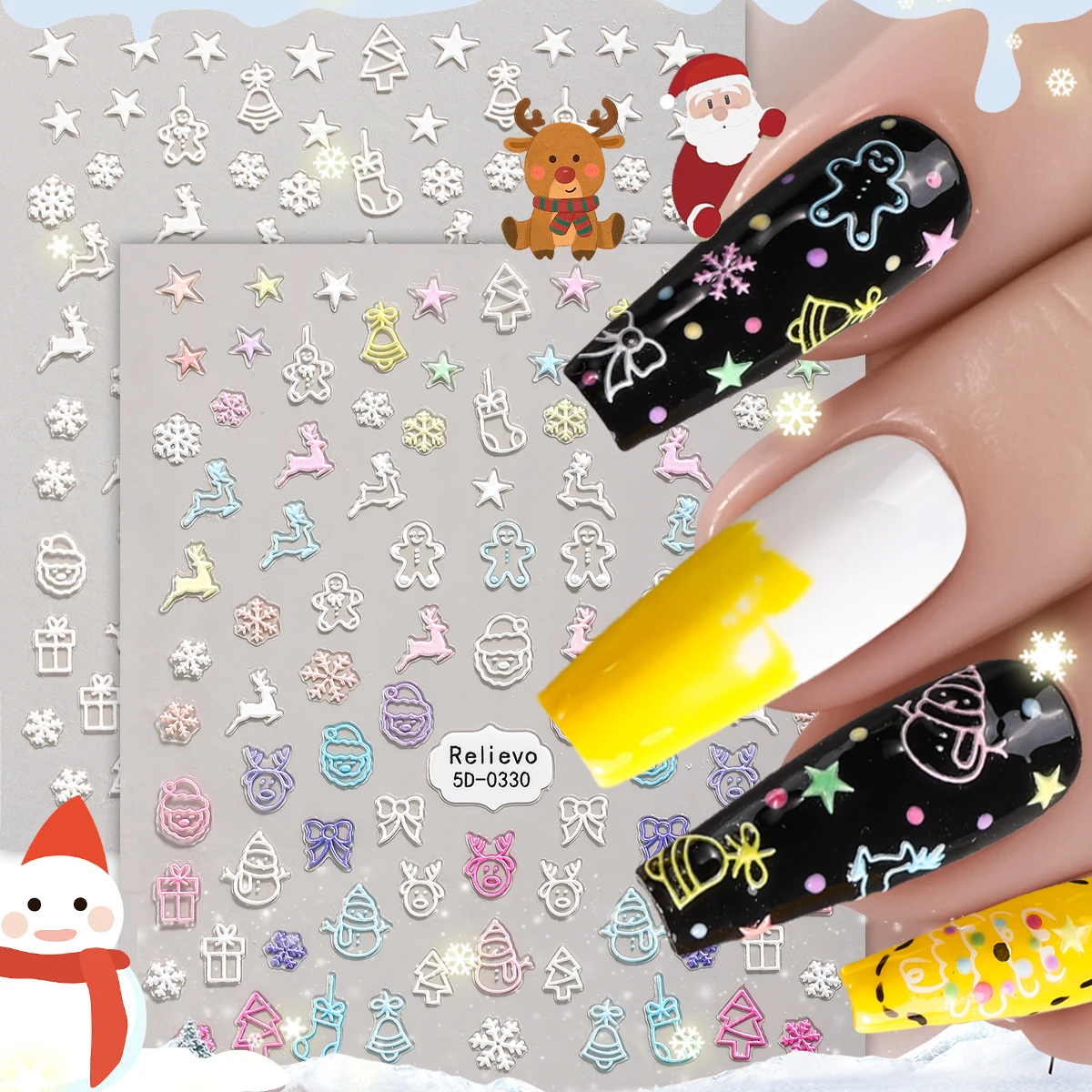 2 uds pegatina navideña para decoración de uñas 5D copo de nieve muñeco de nieve Santa Claus alce calcomanías autoadhesivas para uñas para decoración de manicura DIY