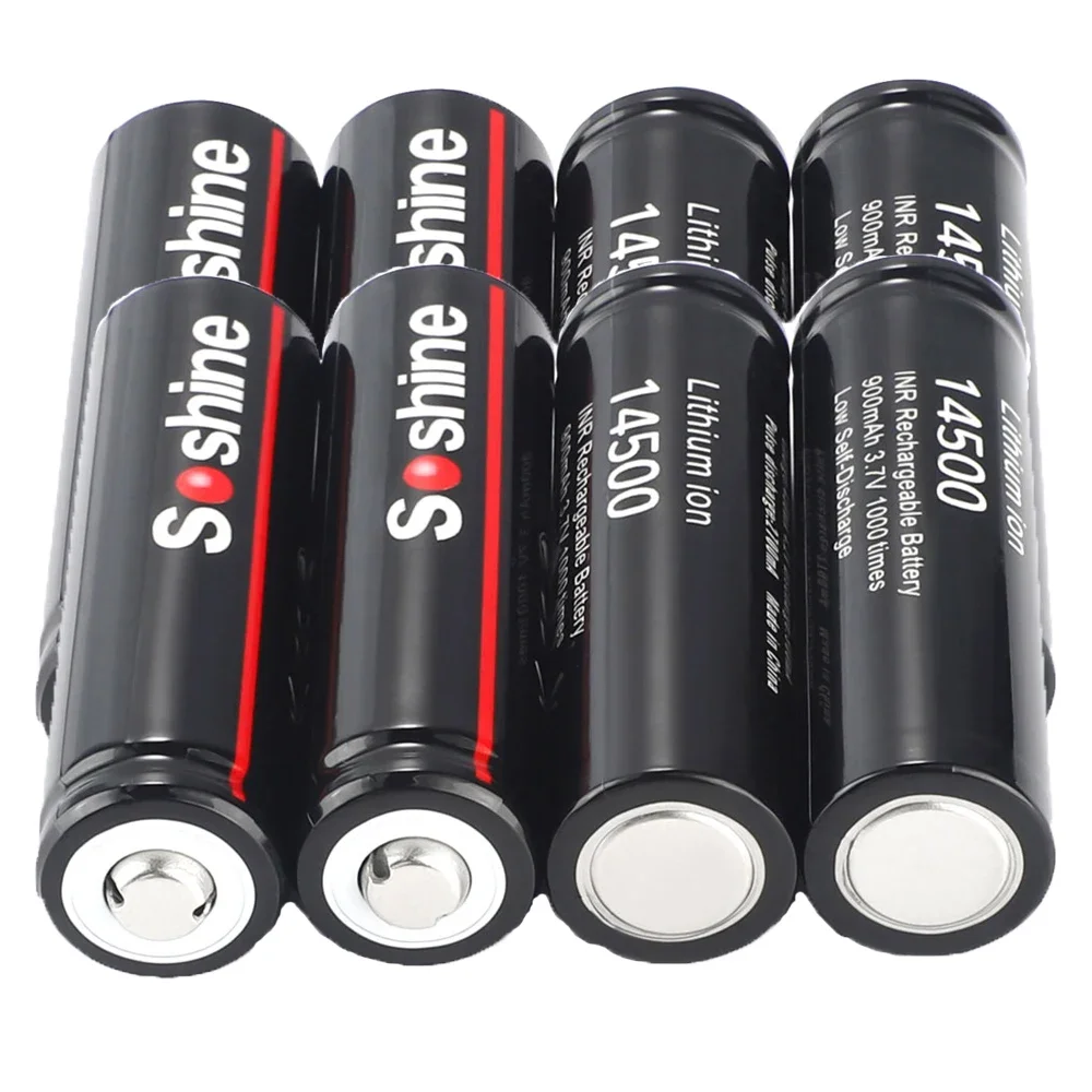 Soshine-Baterias de Lítio Recarregáveis, 14500 AA Li-ion, 3.7V, 900mAh, 1000 Vezes para Lanterna LED, Brinquedos e Calculadora